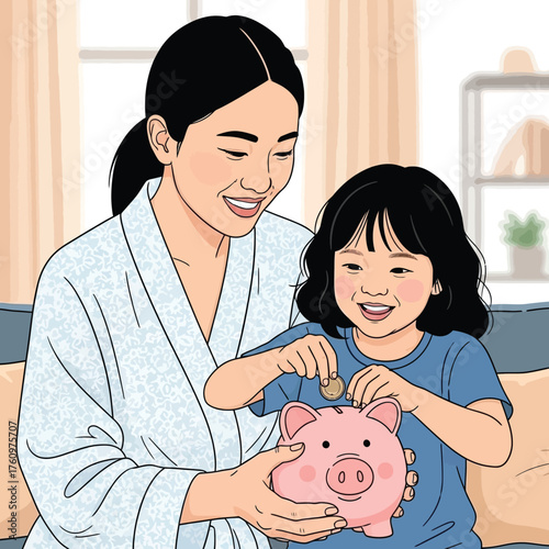 Mother and daughter happily saving money in a piggy bank together