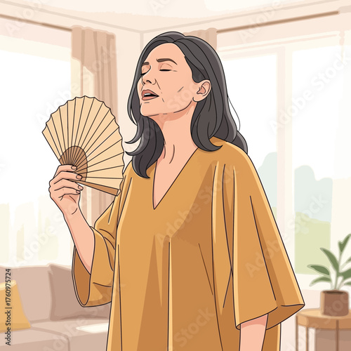 Woman feeling hot and fanning herself in a warm room