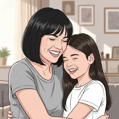 Mother and daughter happily saving money in a piggy bank together