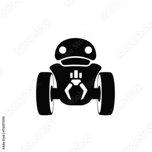 Black robot with round eyes and claw on white icon
