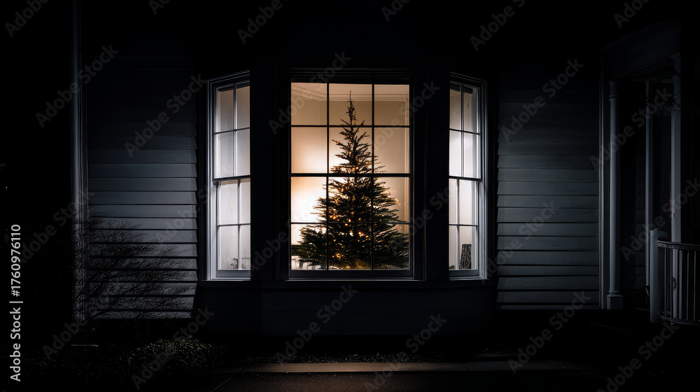 Obraz premium A darkened house with a Christmas tree visible from the window, but no signs of life inside. Loneliness during Christmas holidays with copy space, holiday contrast, aging, and emotional storytelling