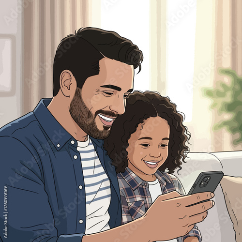 Father and daughter smiling while looking at a smartphone together