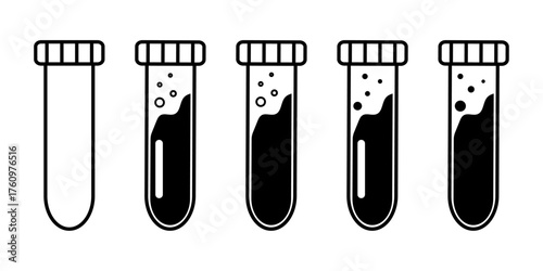 A black and white vector illustration of test tubes. Vials with blood. An empty vial outline illustration.