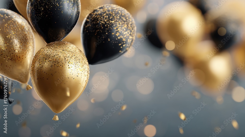 Naklejka premium black and gold balloons with glitter,