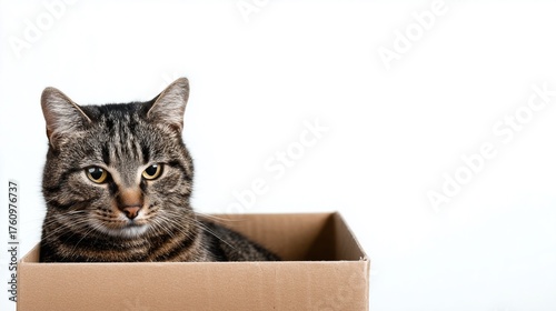 A cute tabby cat pet and animal is sitting in a box on an isolated white background.