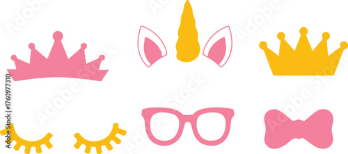 Photo Booth Props Princess Unicorn Glasses Bow Crown Ears Illustration