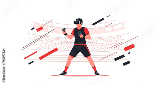 Immersive VR Experience: Man Interacting with Virtual Reality in a Stadium Setting