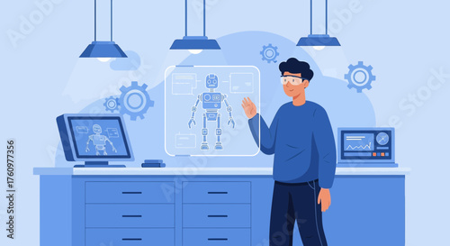 Innovative engineer designing advanced humanoid robot in futuristic laboratory setting