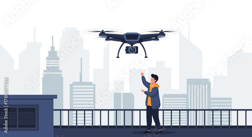 Man controlling a drone in an urban environment with buildings in the background