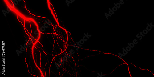 A striking image of red lightning against a dark background, showcasing natural energy. Lightning Effect Overlay, Isolated Electric Thunderstorm Bolt Strikes on Dark Night Sky Background.