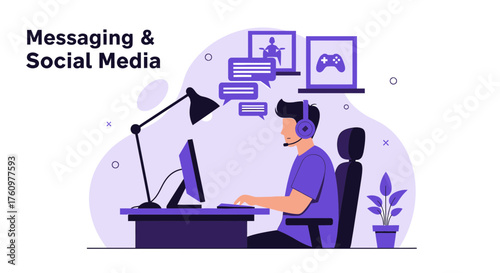 Man Engaging in Online Communication and Gaming Activities in a Digital World