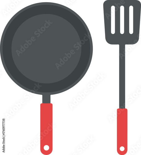 Frying pan and slotted spatula kitchen utensil set, flat minimal cooking equipment vector illustration