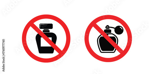  red prohibition signs with silhouettes of perfume bottles and spray bottles indicating no fragrance allowed
