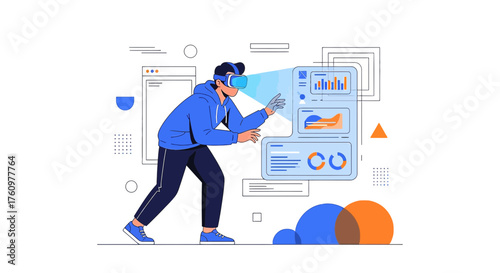 Man interacting with virtual reality interface for data analysis and visualization