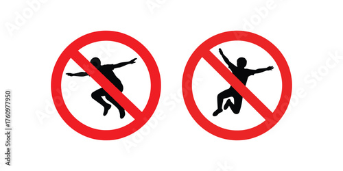 Two red prohibition signs with black silhouettes of people jumping inside indicating no jumping allowed
