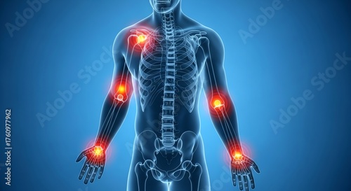 Medical Illustration of Human Skeleton with Highlighted Joints in Bright Colors