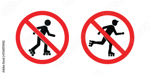 Two red prohibition signs showing a person rollerblading and a person roller skating with a diagonal line through them