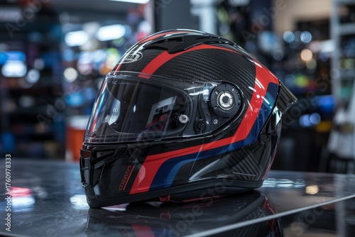 Motorcycle helmet with carbon fiber texture and red blue stripes Keywords: motorcycle, helmet