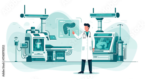 Modern gastroenterology clinic interior with doctor analyzing patient's digestive system scan