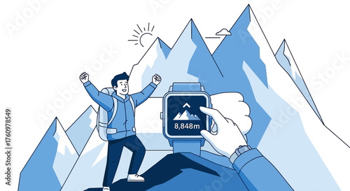 Mountain climber achieving summit with smart watch showing peak elevation digital illustration