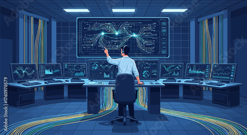 Monitoring data flow in a modern control room with multiple screens and operator pointing