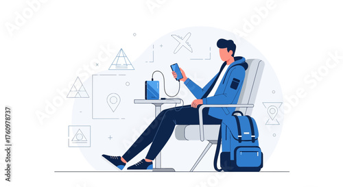 Passenger charges their phone in airport lounge before traveling with geometric background