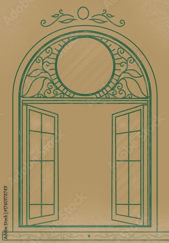 Open French Doors Archway with Ornate Green Ironwork Trim | Vintage Architectural Line Art Frame
