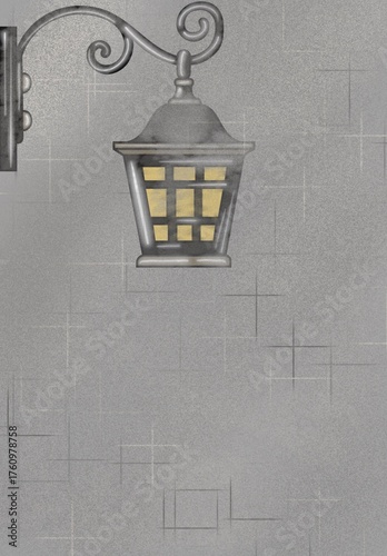 Single Vintage Wall Mounted Lantern Illustration on Textured Grey Background | Nostalgic Outdoor Lighting