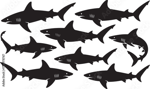 Shark Silhouette Collection Swimming Predatory Marine Animal Vector Art