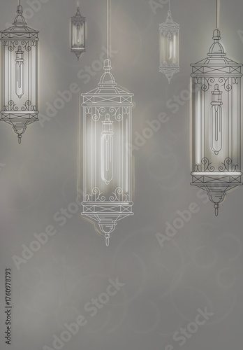 Minimalist Line Art Hanging Lanterns on Blurred Grey Background | Elegant Vector Lighting Illustration