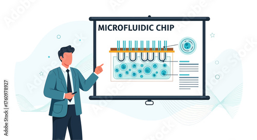 Presentation on microfluidic chip technology with a businessman explaining scientific advancements