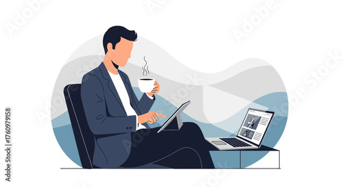 Professional working remotely with laptop, tablet and coffee enjoying relaxed work environment