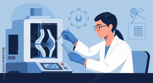 Scientist Analyzing 3D Printed Knee Joint for Medical Research and Development Process