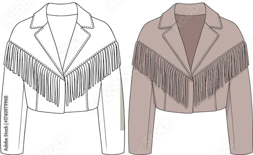 Fashion design illustration of a stylish beige fringed jacket, western suede jacket sketch, front view, modern apparel design template, digital drawing