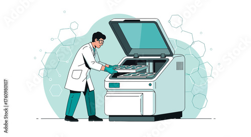 Scientist in laboratory setting using automated testing equipment for pharmaceutical research and