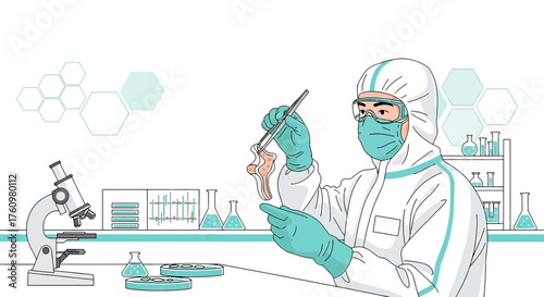 Scientist in protective suit conducting scientific research in a laboratory setting meticulously