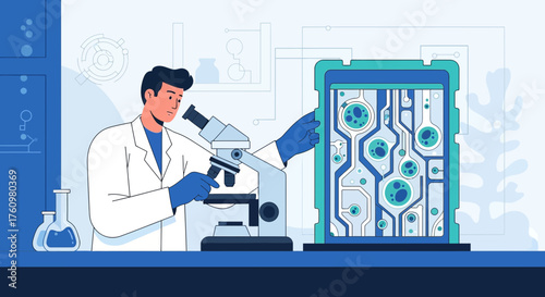 Scientist using microscope in laboratory for medical research and experiment illustration