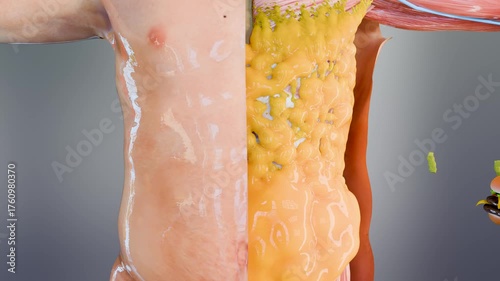 Before and after eating Junk food, unhealthy hamburger and  pizza and fries, overweight and nutrition, Medical and healthcare food eating concept. Overeating fast fatty food, obesity, 3D render