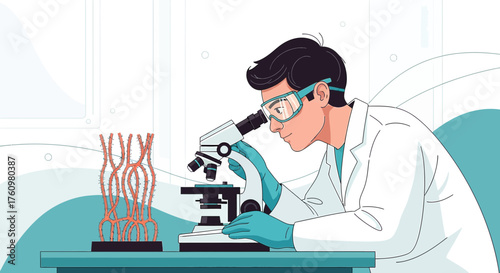 Scientist using microscope for research in laboratory with abstract illustration for scientific