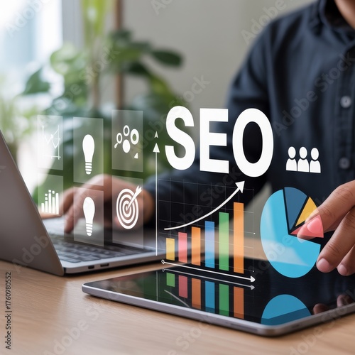 Person analyzing SEO data on tablet and laptop search engine optimization