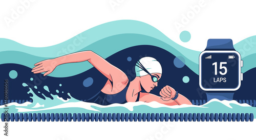 Swimmer training with a smartwatch in the pool, illustration of fitness tracking and healthy