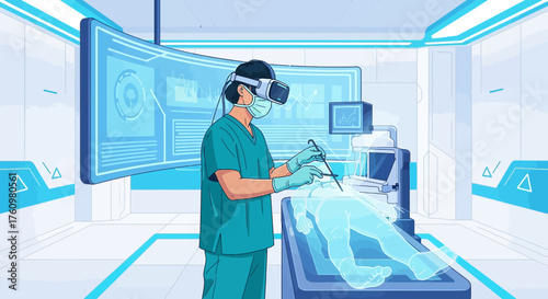 Surgeon performing virtual reality assisted surgery in futuristic operating room with digital