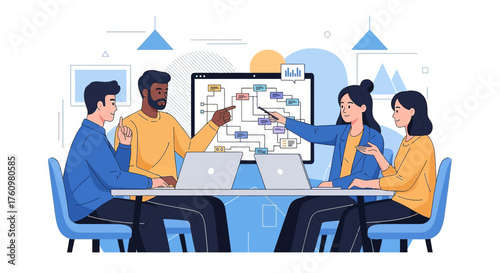 Teamwork and collaboration concept illustration with diverse professionals in a meeting discussing