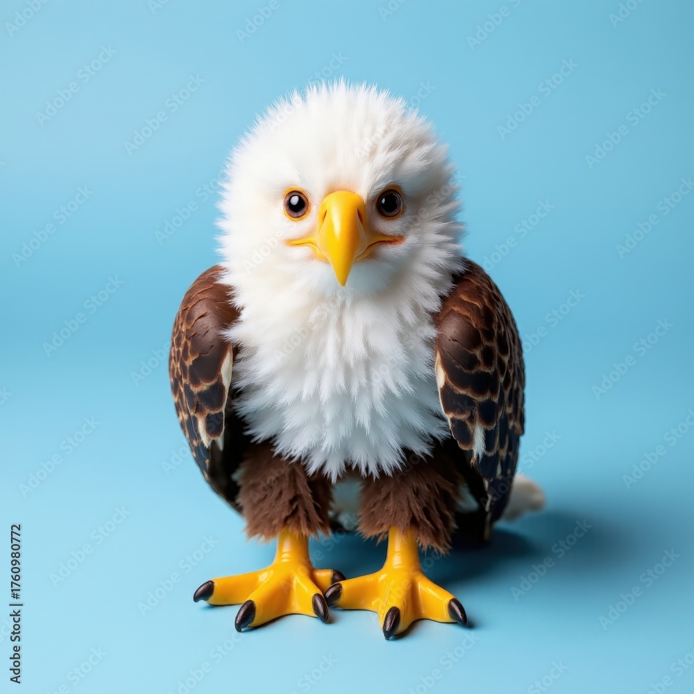 Obraz premium Baby bald eagle up close, set against a blue background, showcasing white head plumage and focused gaze.