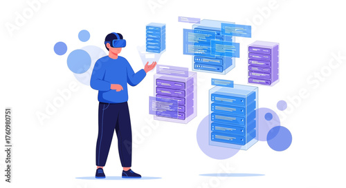 Virtual reality server management illustration showcasing futuristic data control and user