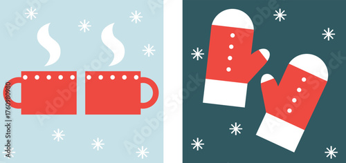 Cozy Winter Icons Set Flat Vector Christmas And New Year Illustration Ice Skates Cocoa Mug Mittens Snowflakes Gifts Holiday Elements Minimal Festive Design Warm Winter Collection For Web And Print