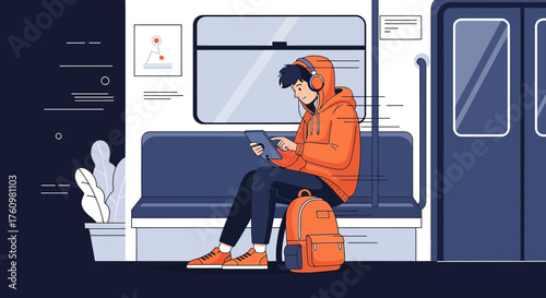 Young man wearing a hoodie enjoys music and uses his tablet during his commute to work on the train