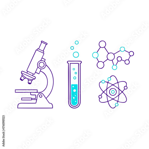 Science-themed illustration featuring a microscope, test tube, molecular structure, and atom model.