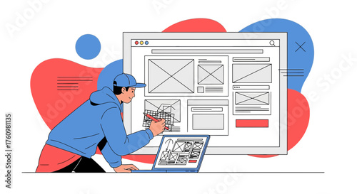 Young UI designer sketching website interface on laptop creating wireframes for web application