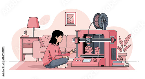 Young woman using a 3D printer at home for technological innovation and creative projects